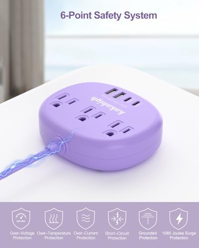 Purple Extension Cord - 10 FT Flat Extension Cord, 1625W Cute Extension Cord with 3 AC Outlet 4 USB (24W/4.8A), Compact for Cute Purple Kawaii Lavender Desk Accessories