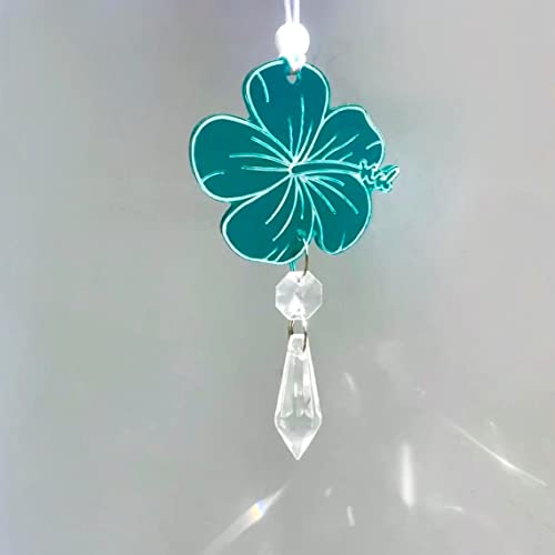 Hibiscus Hawaiian Flower Car Charm, Pink Crystal Suncatcher, Rearview Mirror Car Accessories, Cute Boho Interior Decor, New Car Gift For Her (Flower - Red, Crystal - Purple)