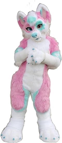 PROPSCOS Halloween Long Fur Husky Dog Fox Fursuit Furry Mascot Costume Suit (L,pink)