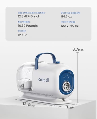 oneisall Dog Vacuum & Dryer for Shedding Grooming, 8 in 1 Dog Grooming Kit with Metal Blades Pet Clippers, Adjustable Speed and Temperature Control Dog Blower
