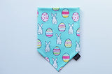 Easter over the collar dog bandana, handmade pastel color spring slip on pet bandana (Bunnies and Easter Eggs, Large)
