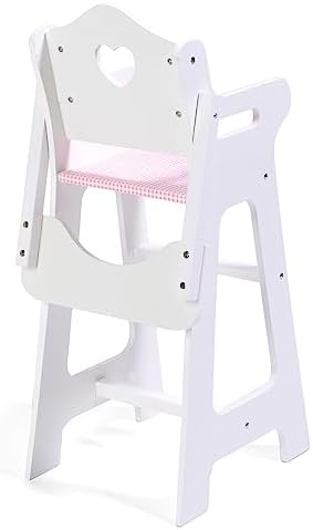 Badger Basket Wooden Doll High Chair with Feeding Tray, Bib, Personalization Kit, and Accessories - Fits 18-Inch Dolls, White with Pink Gingham Seat for Pretend Play