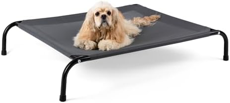 Elevated Dog Bed Small Dog Cot, Outdoor Raised Dog Bed with Supportive Teslin Recyclable Washable Mesh, Durable Pet Hammock with Non Slip Feet, Grey, 34 inches