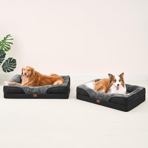 EHEYCIGA Memory Foam XL Dog Bed for XLarge Sized Dog, Extra Large Orthopedic Dog Sofa with Sides and Waterproof Liner, Washable Bolster Pet Bed Couch with Removable Cover, 42x30x7.5 Inch, Grey/Black