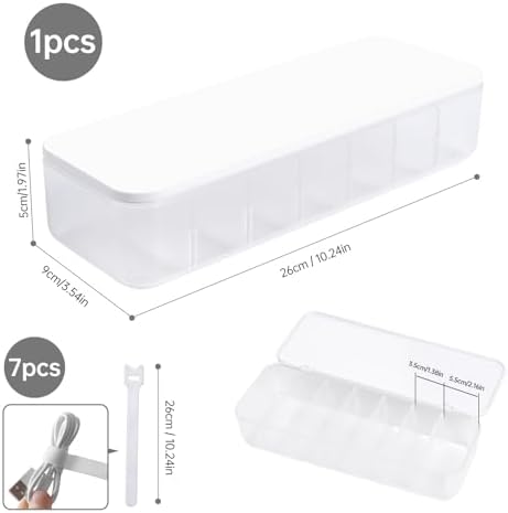 Cable Organizer Storage Box with 7 Wire Ties,Desktop Cable Management Box with Lid,Power Cord Organizer with 7 Compartments for Office,Home,Desk Accessories Storage Stationery Supplies White