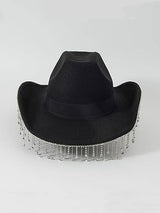 QWINEE Western Cowboy Hat Cowboy Hat with Rhinestone Tassel Decor Halloween Cow Fedora Hat Costume Accessories for Women Men Black one-size