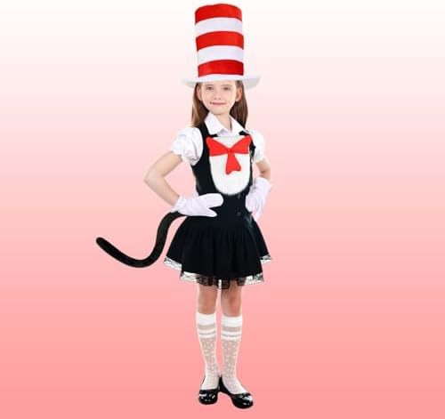 4 Pcs Cat Costume Set Include Top Hat,Oversized Bowtie with Fur,Gloves and Tail for Kids World Book Day Dress Up