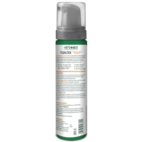 Vet's Best Natural Flea and Tick Waterless Bath for Dogs – No-Rinse Dry Foam Shampoo with Certified Essential Oils – Natural Flea Treatment with Plant-Based Ingredients – 8 oz Bottle – Made in USA
