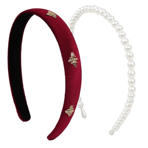 TERSE Burgundy Velvet Headband for Women White Pearl Head Band Cute Designer Headband Fashion Hair Accessories Vintage Women Holiday Headbands Elastic Hair Bands for Women's Hair
