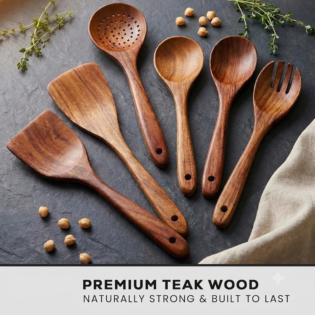 6 Piece Wooden Spoons for Cooking – Natural Teak Wooden Utensil Set, Easy to Clean, Durable, Smooth with Comfort Grip - Non Toxic Wooden Cooking Utensil Sets