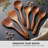 6 Piece Wooden Spoons for Cooking – Natural Teak Wooden Utensil Set, Easy to Clean, Durable, Smooth with Comfort Grip - Non Toxic Wooden Cooking Utensil Sets