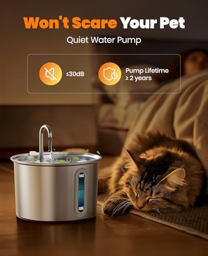 oneisall Stainless Steel Cat Water Fountain, 2L Water Fountains for Cats Indoor with Quiet Pump and 3 Replacement Filters, Pet Water Fountain Faucet Spout Design Cat Fountain Drinking Inside, PWF 001