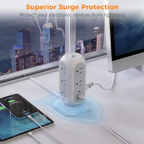 15 ft Extension Cord Tower Power Strip, 11 Outlets 3 USB(1 USB-C) Chargers, TESSAN Surge Protector with Multi Plug Outlet, 1050J Protection, Office Supplies, Desk Accessories, School Dorm Essential