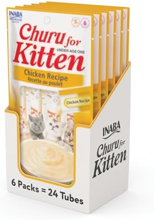 INABA Churu for Kittens, Grain-Free Creamy, Purée Lickable Cat Treats with DHA, EPA, Vitamin E & Taurine, 0.5 Ounces Each, 24 Tubes (4 per Pack), Chicken Recipe