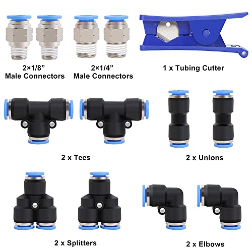 Hromee Air Line Tubing Kit, 5/16 Inch (7.937MM) OD x 32.8 Feet Polyurethane PU Tube and Push to Connect Fittings, 14 PCS Compressed Pipe and Accessories Kit