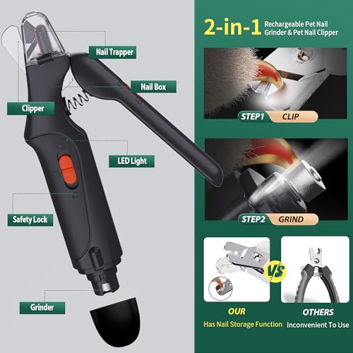 2-in-1 Dog Nail Grinder & Dog Nail Clippers Trimmers for Large Medium Small Dogs Cats Pets Claw Trimmer Quick Sensor and Safety Guard USB Rechargeable with 2 LED Lights (Black)