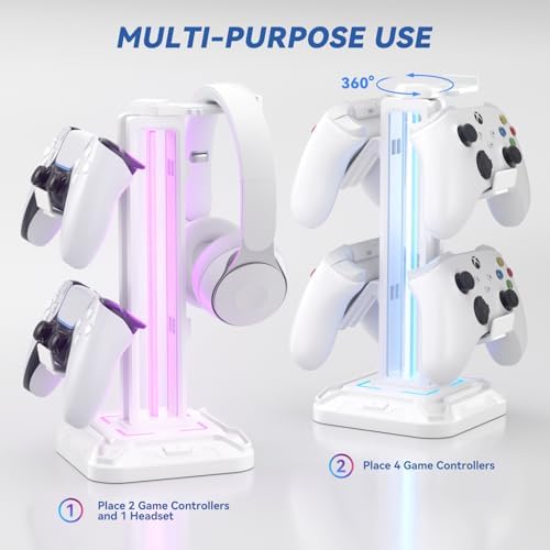 KDD Headset Stand with 9 Light Modes - Controller Holder for Desk - Rotatable Headphone Stand & Detachable Controller Hook for PC Earphone Accessories(White)