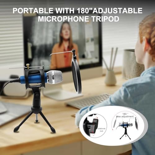 Blue Condenser Recording Microphone 3.5mm Plug and Play PC Microphone, Broadcast Microphone for Computer Desktop Laptop MAC Windows Online Chatting Podcast Skype YouTube Game（Blue