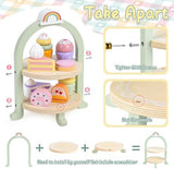 Wooden Tea Party Set for Little Girls Toddler Tea Set with Cupcake Stand & Food Dessert, Play Kitchen Accessories for Toddlers 2 3 4 5 6 Years Old, Wooden Toys Birthday Kids Girls Gifts 3-6