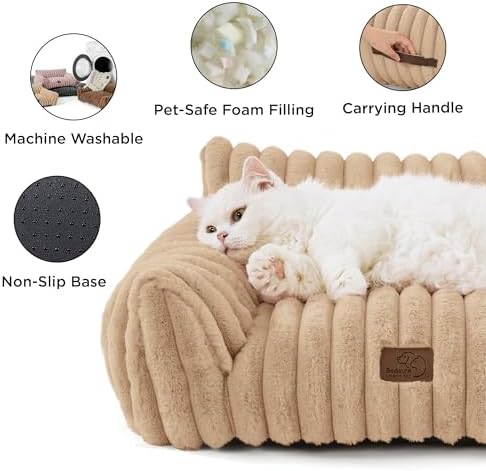 Bedsure Cute Pet Couch - Fluffy Dog Sofa with Premium Soft Corduroy Fleece, Dog Couch Bed with Washable Cover, Supportive for Medium Large Dogs, 36" L, Tuscan Beige