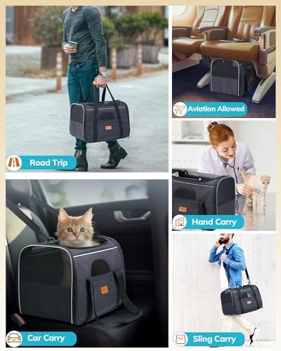 Morpilot Cat Carrier Soft - Portable Pet Carrier for Small or Medium Cats, Dogs and Puppy up to 14lbs, Airline Approved Dog Carrier with Safety Buckle and Foldable Bowl - 17 x 11 x 12 Inch (Dark Gray)