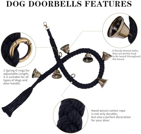 2 Pack Dog Bells for Door Potty Training, Handwoven Cotton Rope Dog Doorbell with 6 Extra Loud Bells, Adjustable Dog Door Bells for Small Medium Large Dogs to Ring to Go Outside, Black