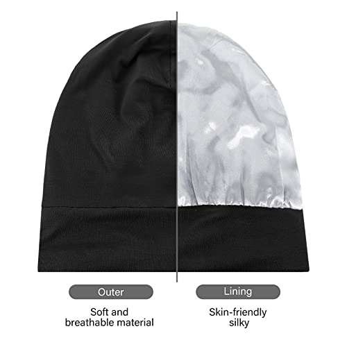 4 Pcs Satin Lined Sleep Bonnet Silk Sleep Cap Slouchy Beanie Hat Night Sleeping Head Wrap for Women Men Curly Hair(Black)