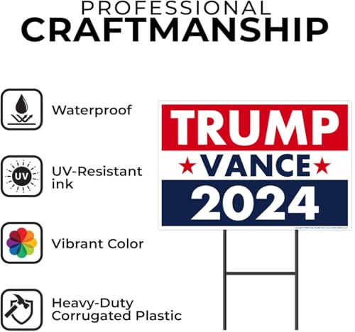 Trump Vance 2024 Yard Sign, Donald Trump President JD Vance Vice President 2024 Yard Sign, 18" x 12" Double-Sided Sign, Metal H-Stake
