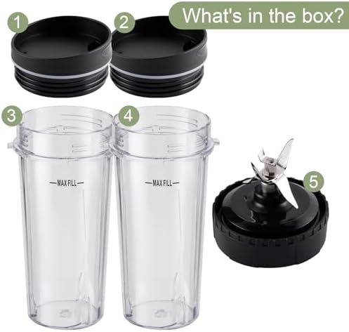 5-piece Ninja Blender Cups Replacement Single Serve 16oz Cups with Sip & Seal Lids, 6 Fins Extractor Blade Compatible with Nurti Ninja Blenders Pro BL660 BL663 BL663CO BL665Q BL740 BL770