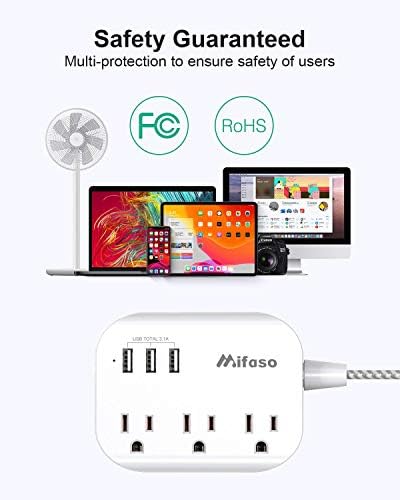 Flat Plug Power Strip with USB Ports - 10FT Extension Cord with 3 Outlets and 3 USB Charging Ports, Wall Mount, No Surge Protection for Cruise Ship Travel, Desk Accessories for Dorm Room Essentials
