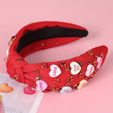 Valentine’s Day Headband for Women Candy Love Conversation Heart Headband Jeweled Beaded Heart Knotted Headband Sparkly Red Pink Rhinestone Hairband Valentines Accessories Gifts