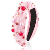 AHONEY Pink Headband Hair Accessories for Women Girls Knotted Headband Pearl Crystal Knotted Jeweled Wide Top Knot Headband Valentine’s Day Gifts (Pink)