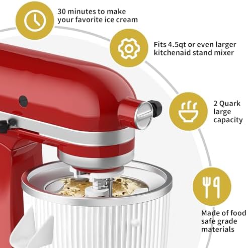 Ice Cream Attachment for Kitchenaid,Fits KitchenAid 4.5-5QT/5.5-6 Quart Stand Mixers,Mixer Accessories,Makes 2 Quarts of Frozen Yogurt,Ice Cream and Sorbet by KOYOEY