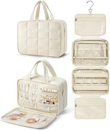 BAGSMART Travel Toiletry Bag with Jewelry Organizer, Hanging Travel Bag for Toiletries, Puffy Makeup Cosmetic Bag Organizer, Carry-on Travel Accessories Essentials, Beige-L