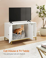Feandrea Litter Box Enclosure, Modern Cat Litter Box Furniture Hidden, with Scratching Mat, Tall Legs, Cat House, Side End Table, 31.5 x 19.7 x 21.7 Inches, White and Gold UPCL007W01