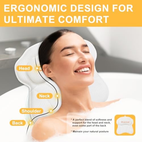 Bath Pillow Luxury Bathtub Pillow, Comfortable Bath Tub Pillows for Tub Head Neck Back Support, Shower Pillows for Tub, Bath Tub Pillow Headrest with Strong Suction Cups, Spa Accessories-White