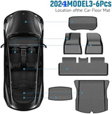 2025 New Version Tesla Model 3 Highland Extra-Thick Floor Mats Custom Fit All Weather TPE Cargo Liner Cargo Trunk Accessories,Compatible 2021-2025 (Tesla Model 3 Floor mats Set of 6)