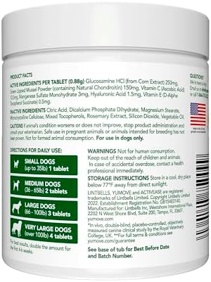 Adult Dog Tablets | Hip and Joint Supplement for Dogs with Glucosamine, Chondroitin, Hyaluronic Acid, Green Lipped Mussel | Dogs Aged 6 to 8 | 120 Count Tablets, Treat Colored