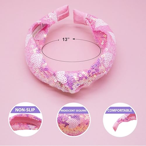 FROG SAC Heart Headband for Girls - Knotted Valentines Day Head Bands for Kids, Top Knot Vday Hair Band for Children, Sparkly Pink Sequin Hair Accessories for Toddlers, Little Girl Fashion Hairband