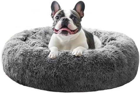 JOLLYVOGUE Medium Calming Dog Bed, Anti-Anxiety Donut Cuddler Cat Bed with Anti-Slip Bottom, Fluffy Faux Fur Machine Washable Pet Cushion for Medium Dog & Cat, 27"/Smoke Black