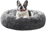 JOLLYVOGUE Medium Calming Dog Bed, Anti-Anxiety Donut Cuddler Cat Bed with Anti-Slip Bottom, Fluffy Faux Fur Machine Washable Pet Cushion for Medium Dog & Cat, 27"/Smoke Black