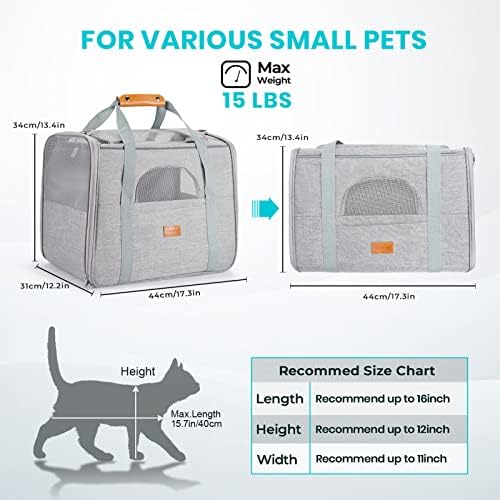 Morpilot Portable Cat Carrier - Soft Sided Cat Carrier for Medium Cats and Puppy up to 15lbs, Pet Carrier with Locking Safety Zippers, Foldable Bowl, Airline Approved Travel Dog Carrier - Light Gray