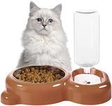 Dog Bowls, Cat Food and Water Bowl Set with Water Dispenser and Stainless Steel Bowl for Cats and Small Dogs - Brown