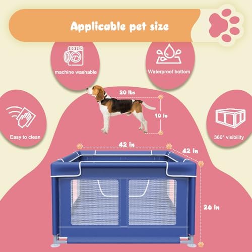 Dog Playpen 42 × 42 Inch, Puppy PlayPen with Gate for Puppies, Small and Medium Dogs, Pet PlayPen for Outdoors & Indoors, Tear Resistant Fabric. Blue