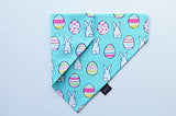 Easter over the collar dog bandana, handmade pastel color spring slip on pet bandana (Bunnies and Easter Eggs, Large)