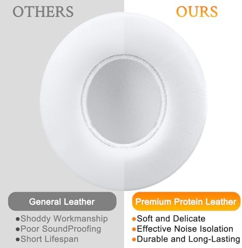 SoloWIT Earpads Cushions Replacement for Beats Solo 2 & Solo 3 Wireless On-Ear Headphones, Solo2 Solo3 Ear Pads with Soft Protein Leather, Added Thickness - (White)