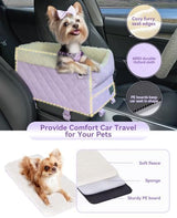 PETSFIT Cat Car Seat with Safe Protection Hooks, Center Console Dog Car Seat with Upgraded Safety Tethers, Washable Cushion, Dog Car Seats for Small Dogs Up to 9 Lbs (Purple)
