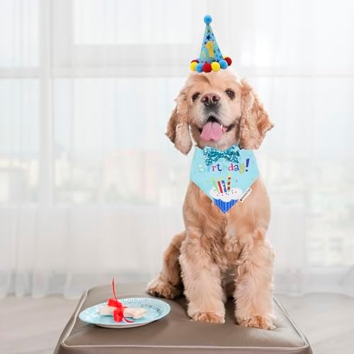ADOGGYGO Dog Birthday Bandana Scarf and Dog Girl Boy Birthday Party Hat with Cute Dog Bow Tie for Small Dog Cat (Small, Blue)