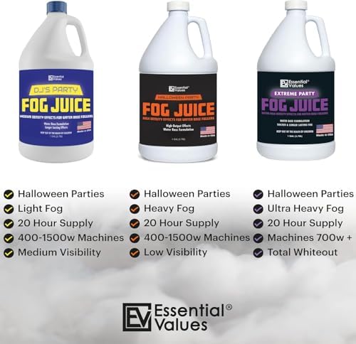 Smoke Machine Fog, Fluid for Fogging Machines – Fog Juice That Produces Long-Lasting Medium Density Smoke for Water-Based Foggers, For 400-1500 Watt Machines (4 pack)