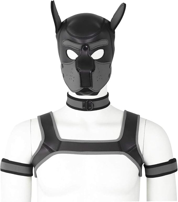 Adults Neoprene Puppy Hood Custom Animal Head Mask Novelty Costume Dog Hood Mask,Collar,Armband and Harness Set (Gray)